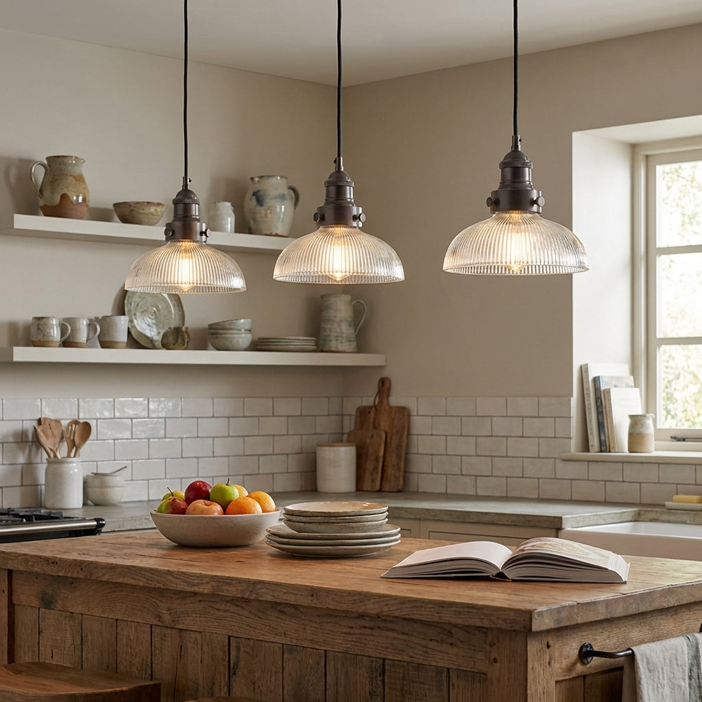 Dome ribbed glass pendant lights over a warm cottage kitchen island — wide shallow dome in clear ribbed glass with antique brass fitting, generous warm light pool below