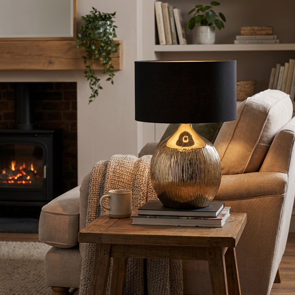Gemini gold etched ceramic table lamp on a bedside unit in a spare bedroom on a wooden bedside unit in a spare bedroom — soft amber glow creating inviting atmosphere in a small UK guest room