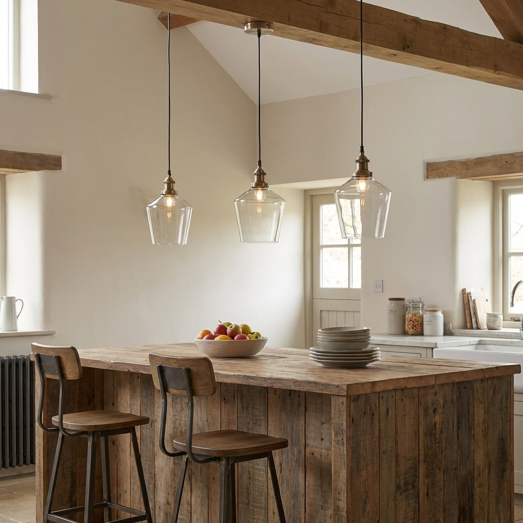 Clara clear glass cloche pendant lights over a cream cottage kitchen — classic bell jar silhouette in clear glass with antique brass fitting and black fabric cable