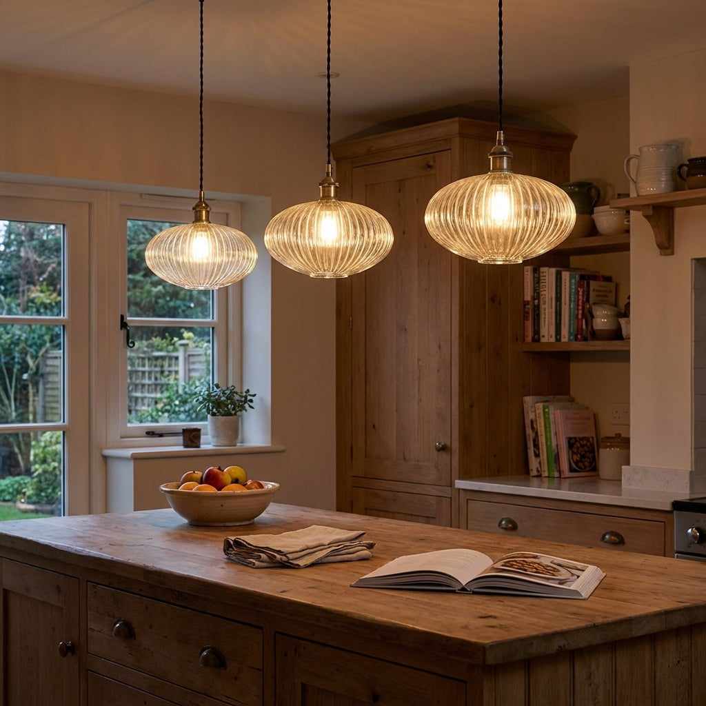 Opal Clear ribbed oval glass pendant lights in a row over a cottage kitchen island — antique brass fittings with twisted black flex, soft ribbed texture catching morning light
