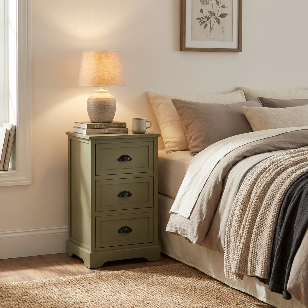 Grove olive green 3-drawer low chest beside a single bed in a box room — 41cm wide 70cm tall solid pine unit serving as both bedside table and storage in one