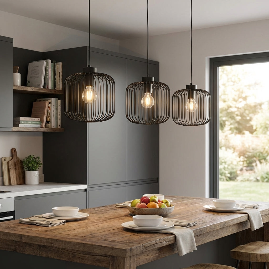 Crest Black wire cage pendant lights in matt black over dark charcoal kitchen — industrial tone-on-tone look with warm glowing filament bulb inside cage