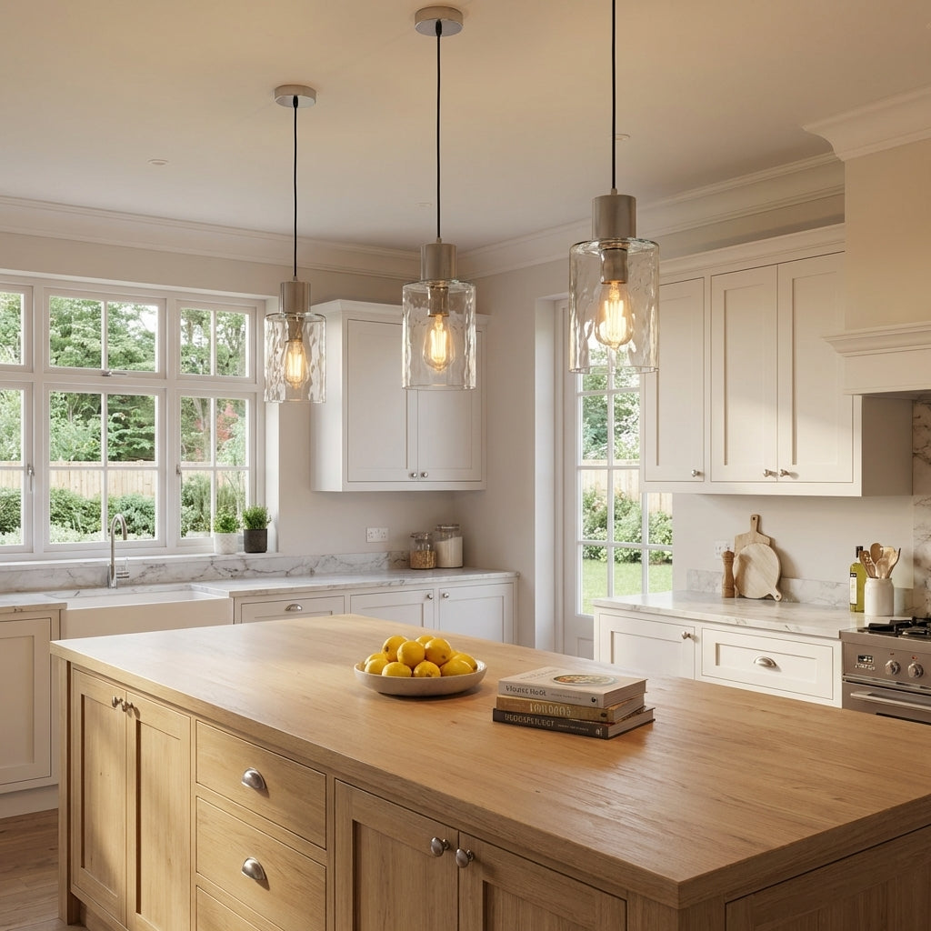 Drift ripple glass pendant lights in a pair over a farmhouse cottage kitchen — flowing handmade ripple texture in clear glass, brushed silver fitting, living light patterns on walls