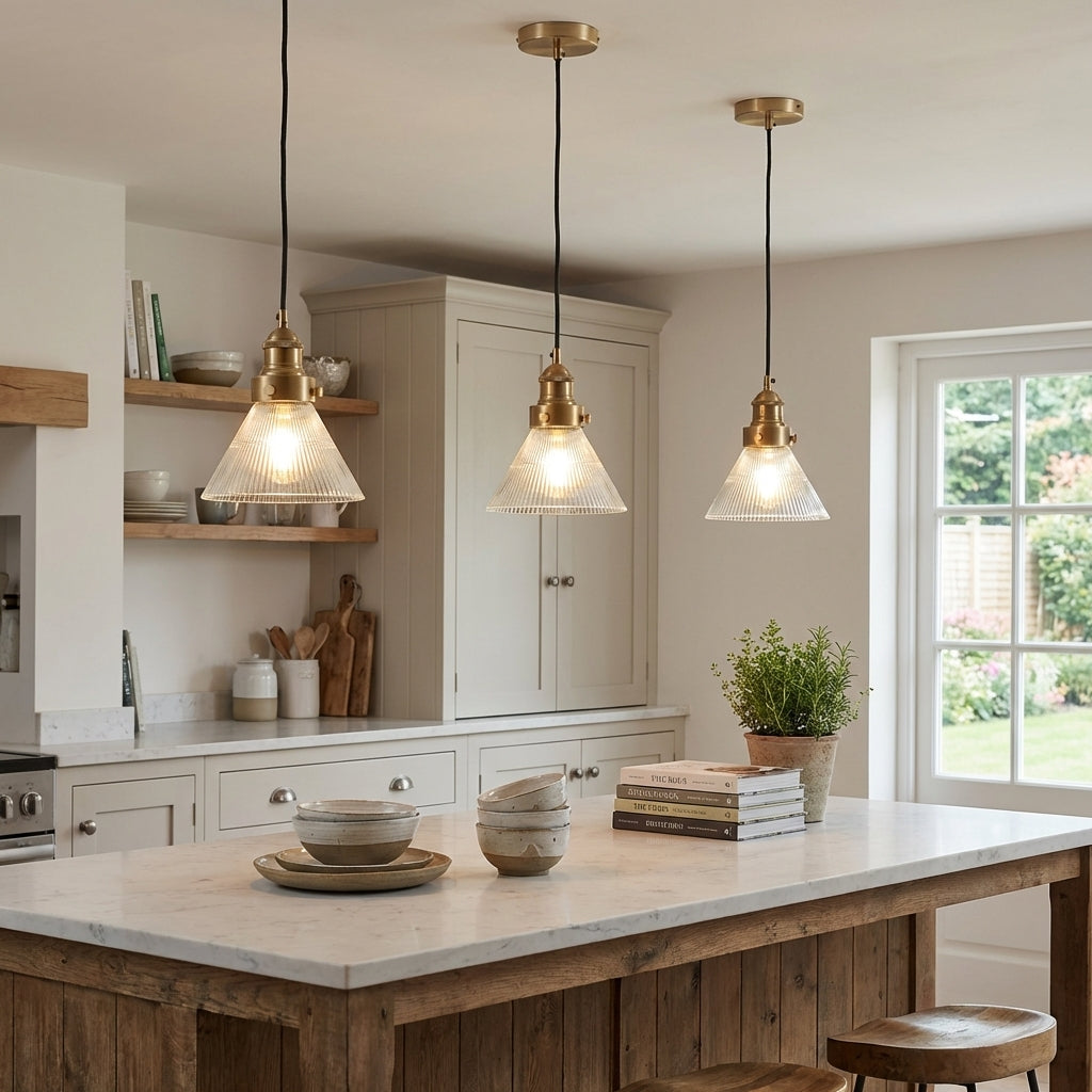 Three Spire conical ribbed glass pendant lights in antique bronze over dark kitchen island — ribbed glass catching light against deep cabinetry, warm focused pool below
