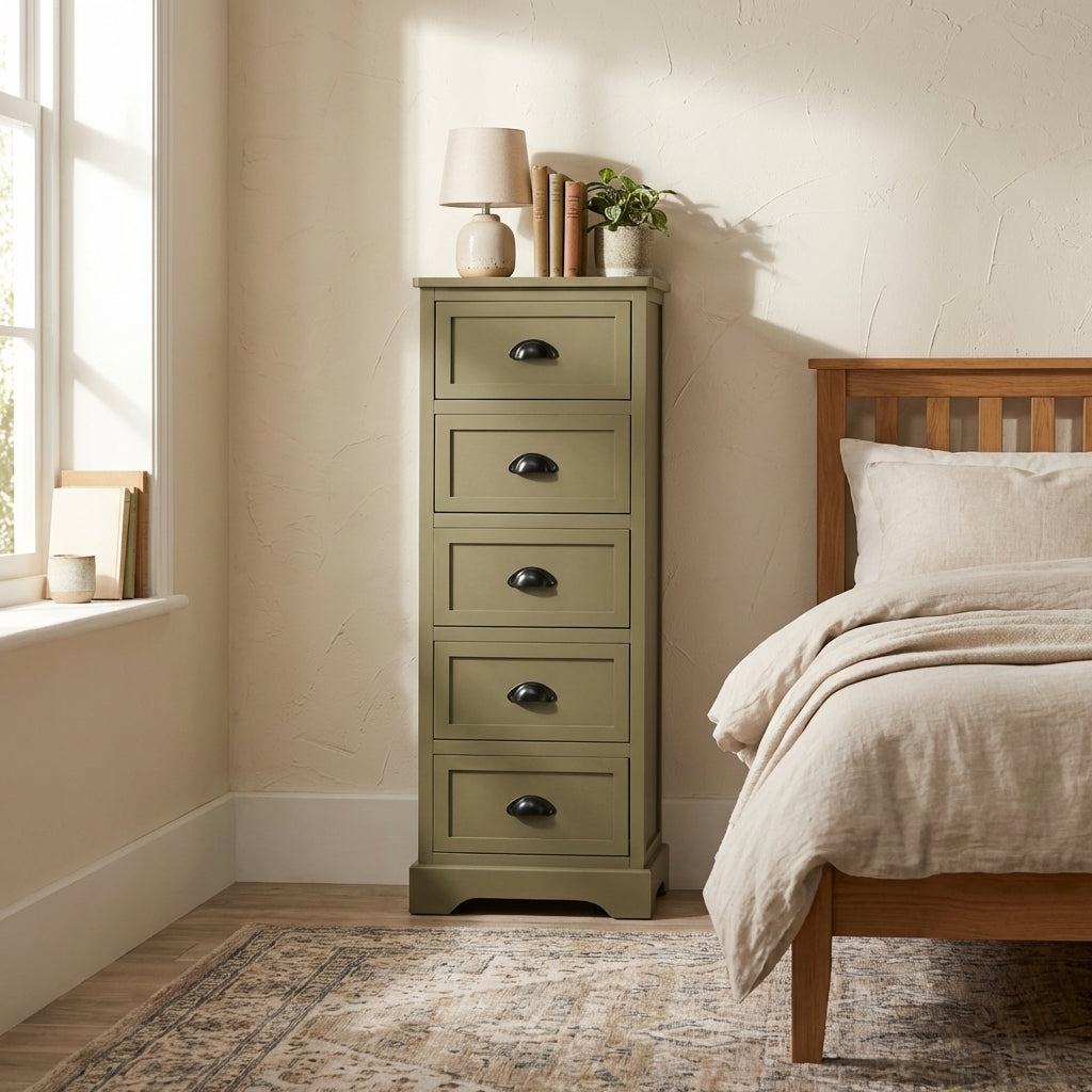 Grove olive green 5-drawer narrow tallboy in a box room alcove — 41cm wide 33cm deep solid pine chest fitting precisely into chimney breast recess