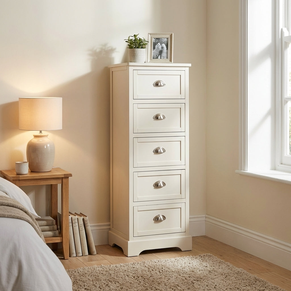 Croft Linen 5-drawer tall chest in a white box room — slim linen finish pine chest with silver handles, five stacked drawers making maximum use of vertical space