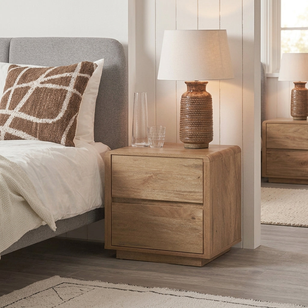 Holm Oak 2-drawer Scandi storage unit bedside table in a spare bedroom — natural oak finish with two deep drawers, clean Scandinavian lines beside a guest bed in a spare bedroom — clean simple form in white pine with warm oak top, versatile beside a guest bed
