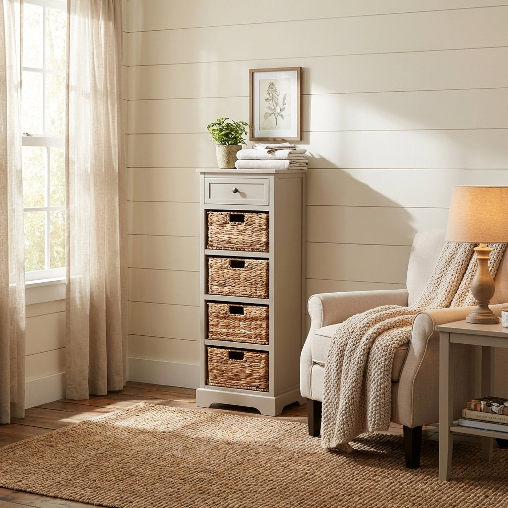 Devonshire grey pine drawer and wicker basket tall unit in a small bedroom — grey pine frame with woven wicker baskets, mixed storage for small bedroom organisation