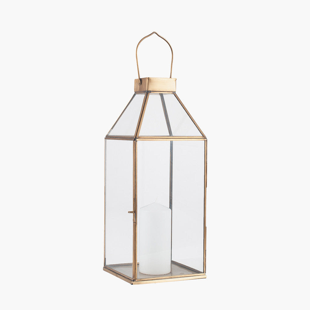 Shiny Brass Metal and Glass Square Lantern Small