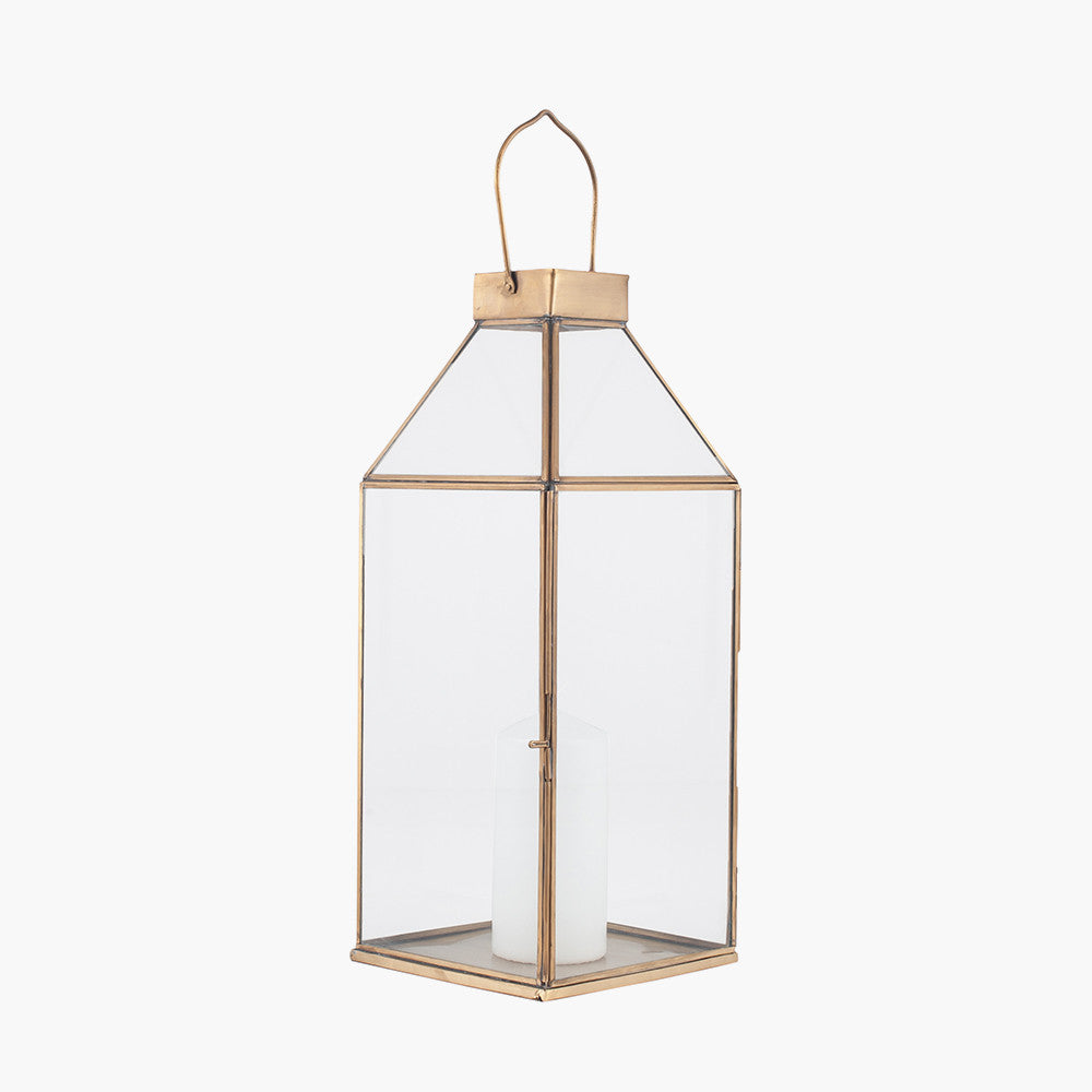 Shiny Brass Metal and Glass Square Lantern Small