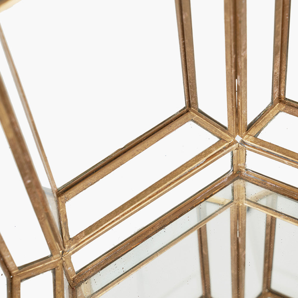 Shiny Brass Metal and Glass Hexagon Wide Lantern