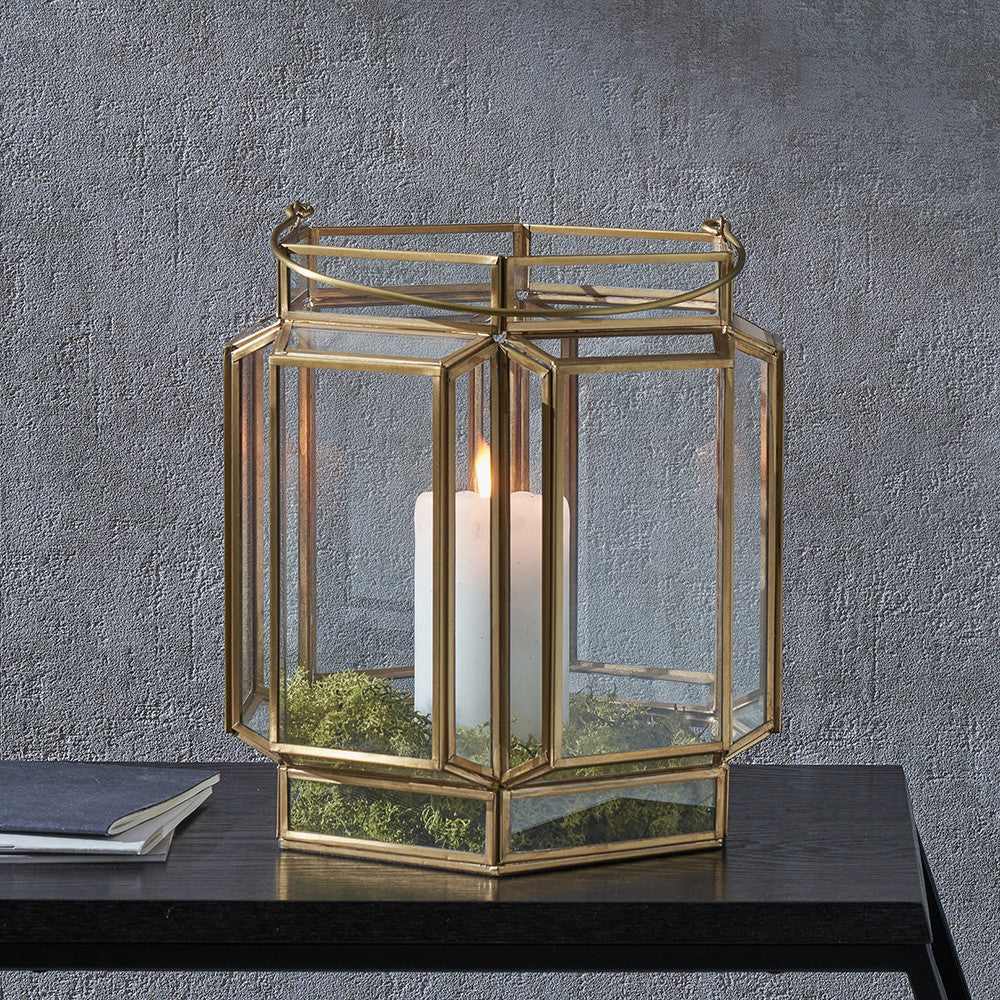 Shiny Brass Metal and Glass Hexagon Wide Lantern