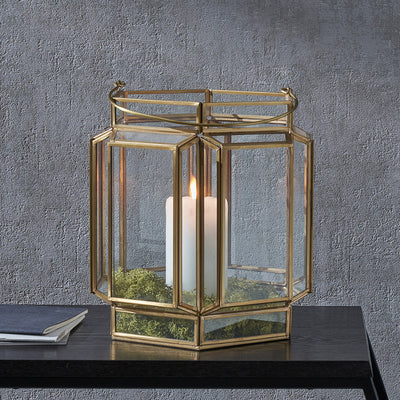 Shiny Brass Metal and Glass Hexagon Wide Lantern