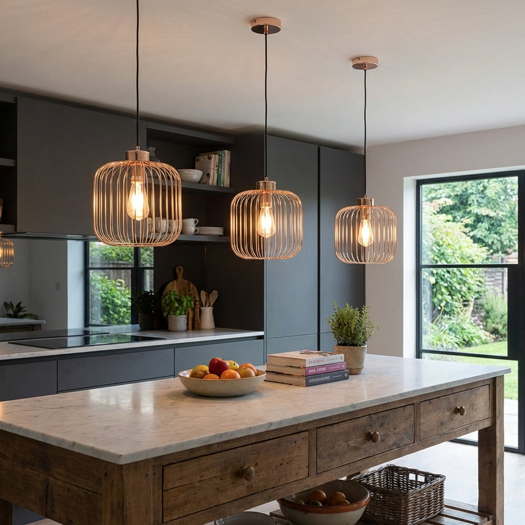 Crest Gold wire cage pendant lights in French gold over black kitchen cabinets — open cage frame casting geometric shadow patterns, warm filament bulb glowing
