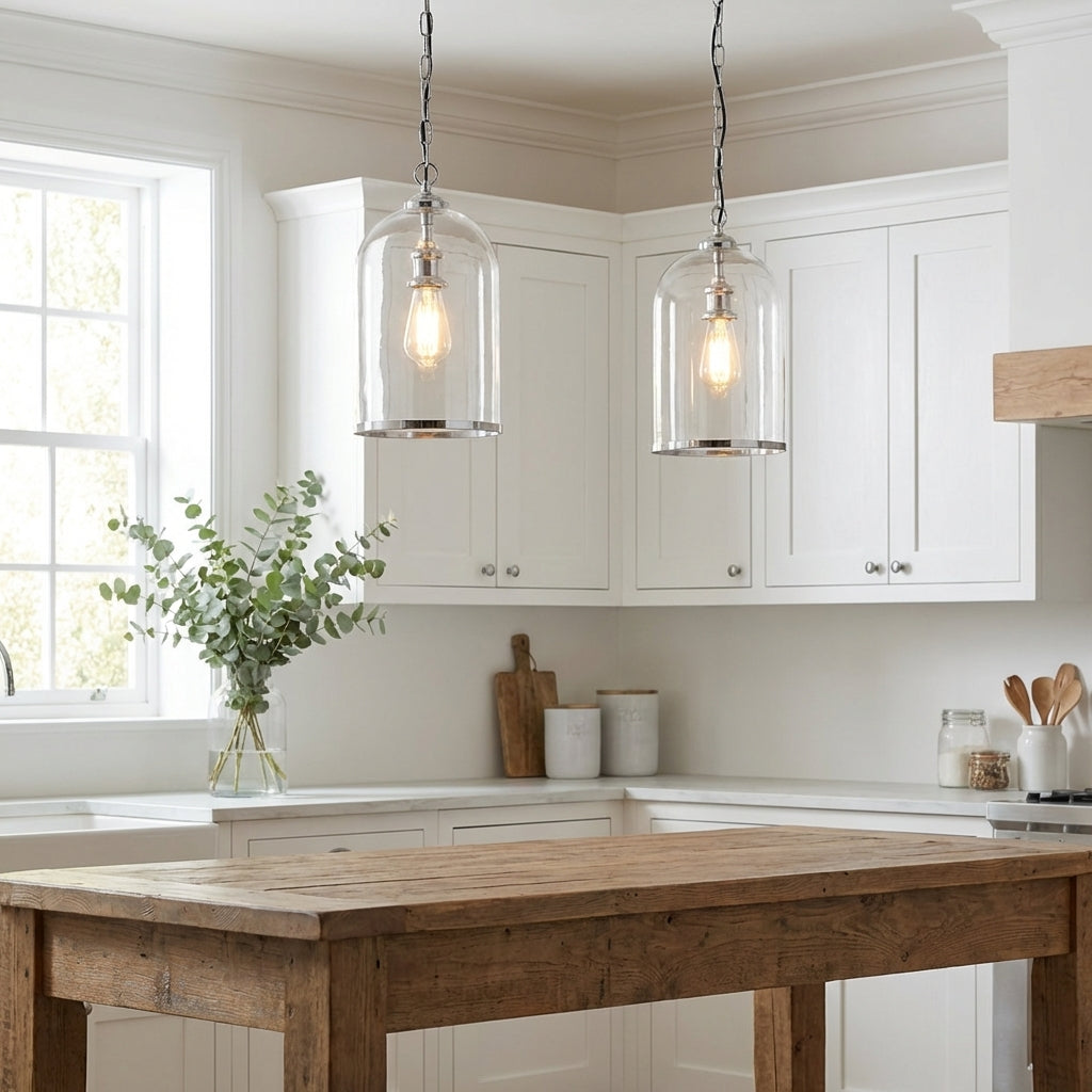 Neve large glass cloche pendant light over a farmhouse kitchen table — generous bell jar silhouette in clear glass with antique brass fitting, warm filament glow