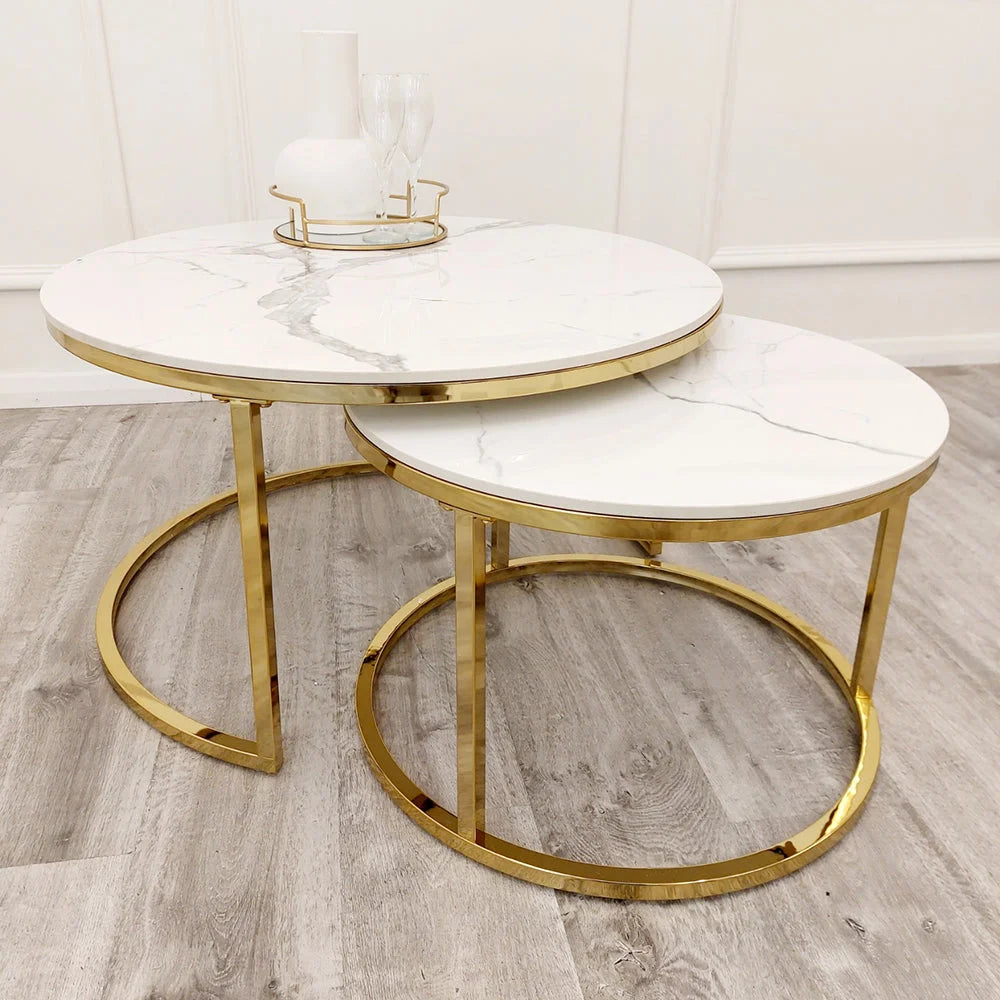 Cato-Nest-of-2-Short-Round-Coffee-Gold-Tables-with-Polar-White-Sintered-Stone-Tops-2