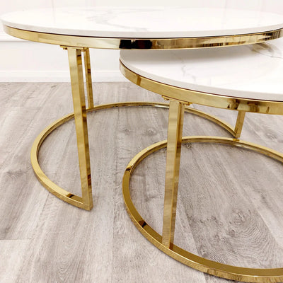 Cato-Nest-of-2-Short-Round-Coffee-Gold-Tables-with-Polar-White-Sintered-Stone-Tops
