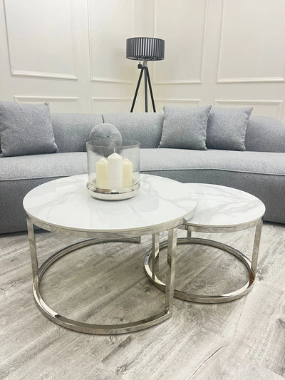 Cato-Nest-of-2-Short-Round-Coffee-Silver-Tables-with-Polar-White-Sintered-Stone-Tops-4