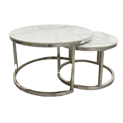 Cato-Nest-of-2-Short-Round-Coffee-Silver-Tables-with-Polar-White-Sintered-Stone-Tops