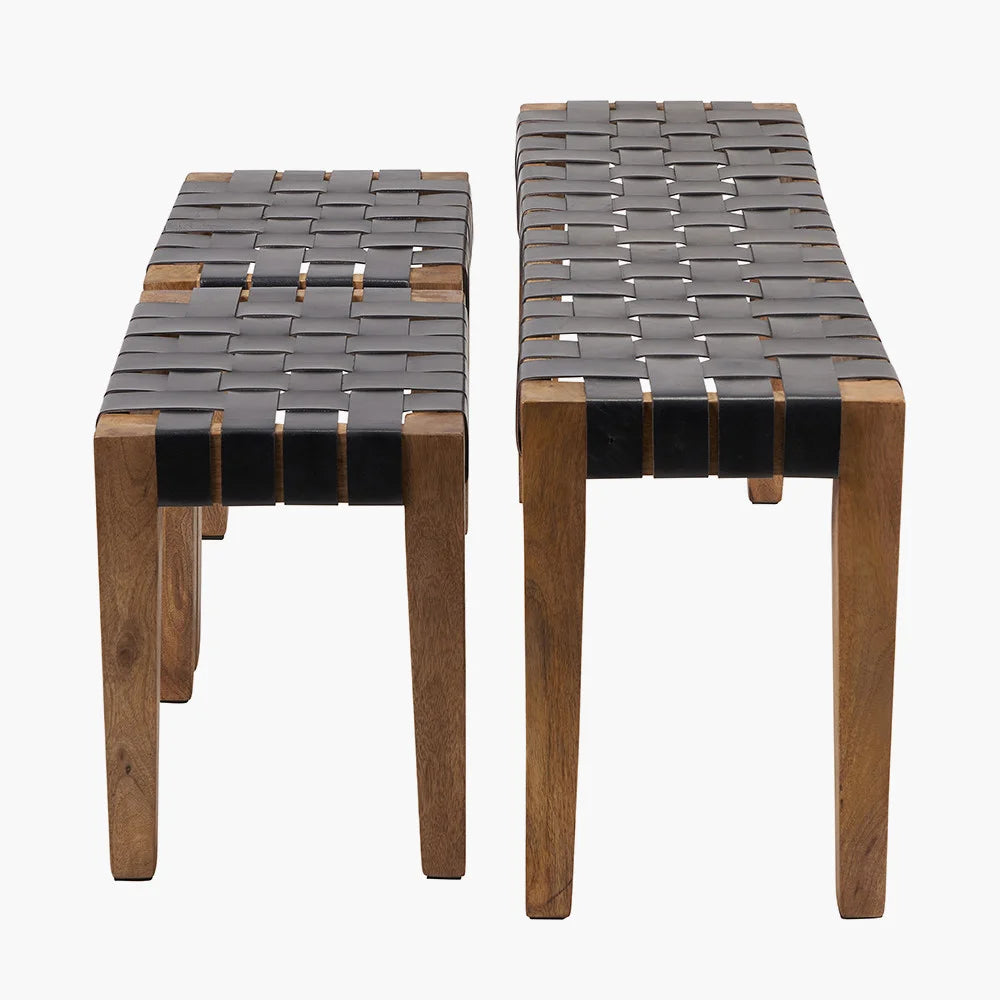 Claudio-Set-of-3-Black-Leather-and-Mango-Wood-Bench-and-Stools_10