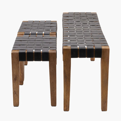 Claudio-Set-of-3-Black-Leather-and-Mango-Wood-Bench-and-Stools_10