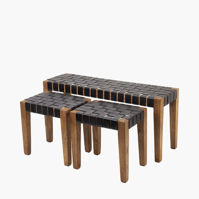 Claudio-Set-of-3-Black-Leather-and-Mango-Wood-Bench-and-Stools_11