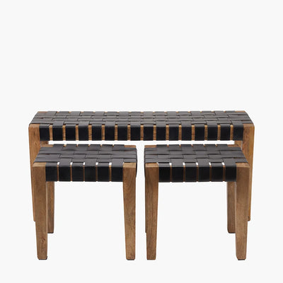 Claudio-Set-of-3-Black-Leather-and-Mango-Wood-Bench-and-Stools_12