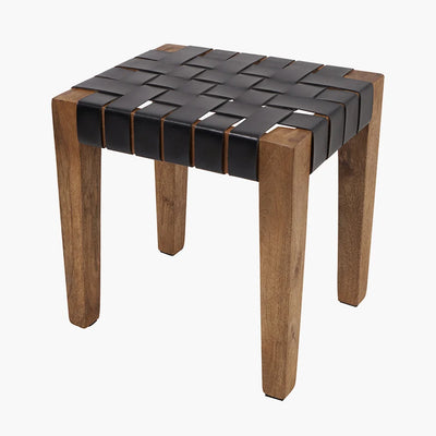 Claudio-Set-of-3-Black-Leather-and-Mango-Wood-Bench-and-Stools_7
