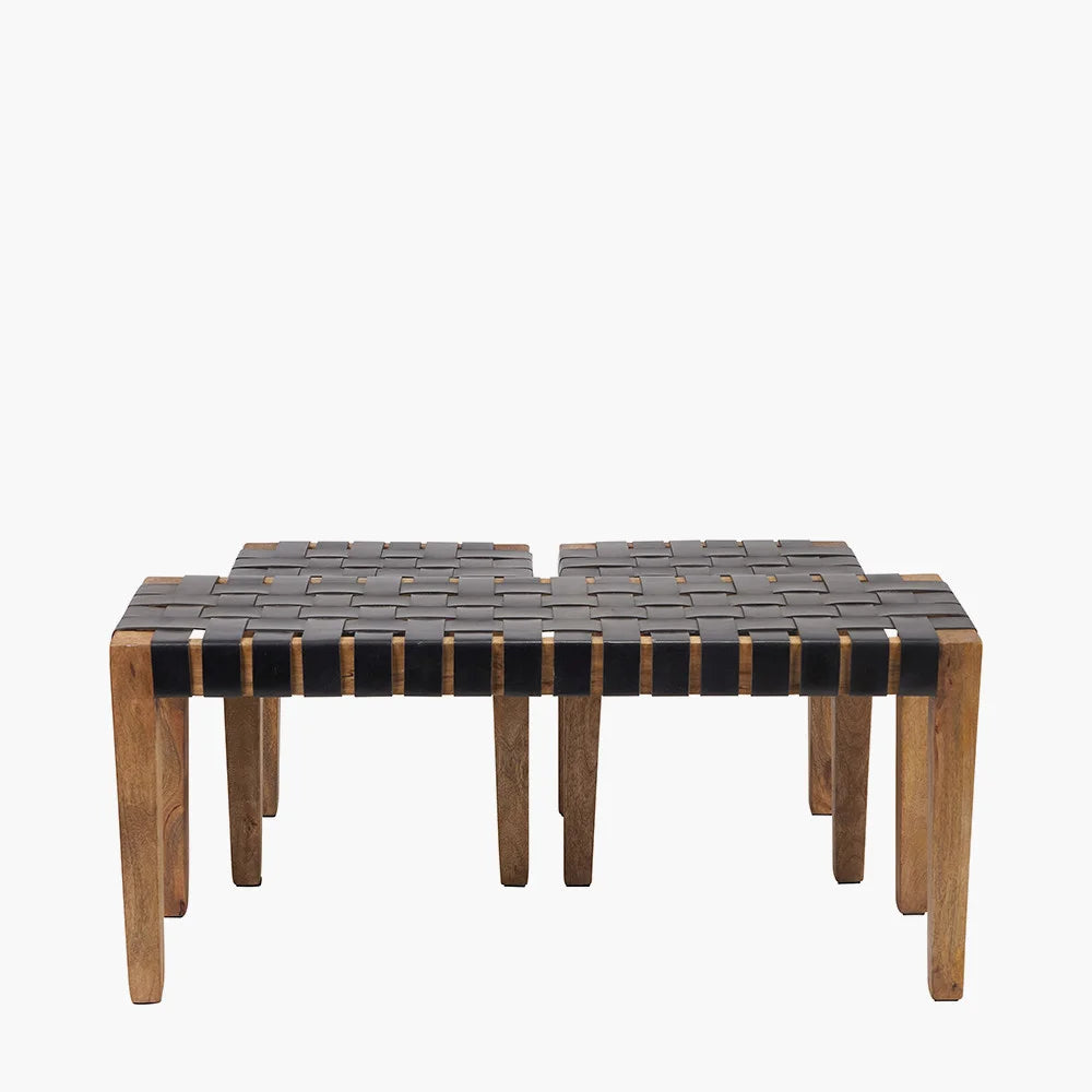 Claudio-Set-of-3-Black-Leather-and-Mango-Wood-Bench-and-Stools_9
