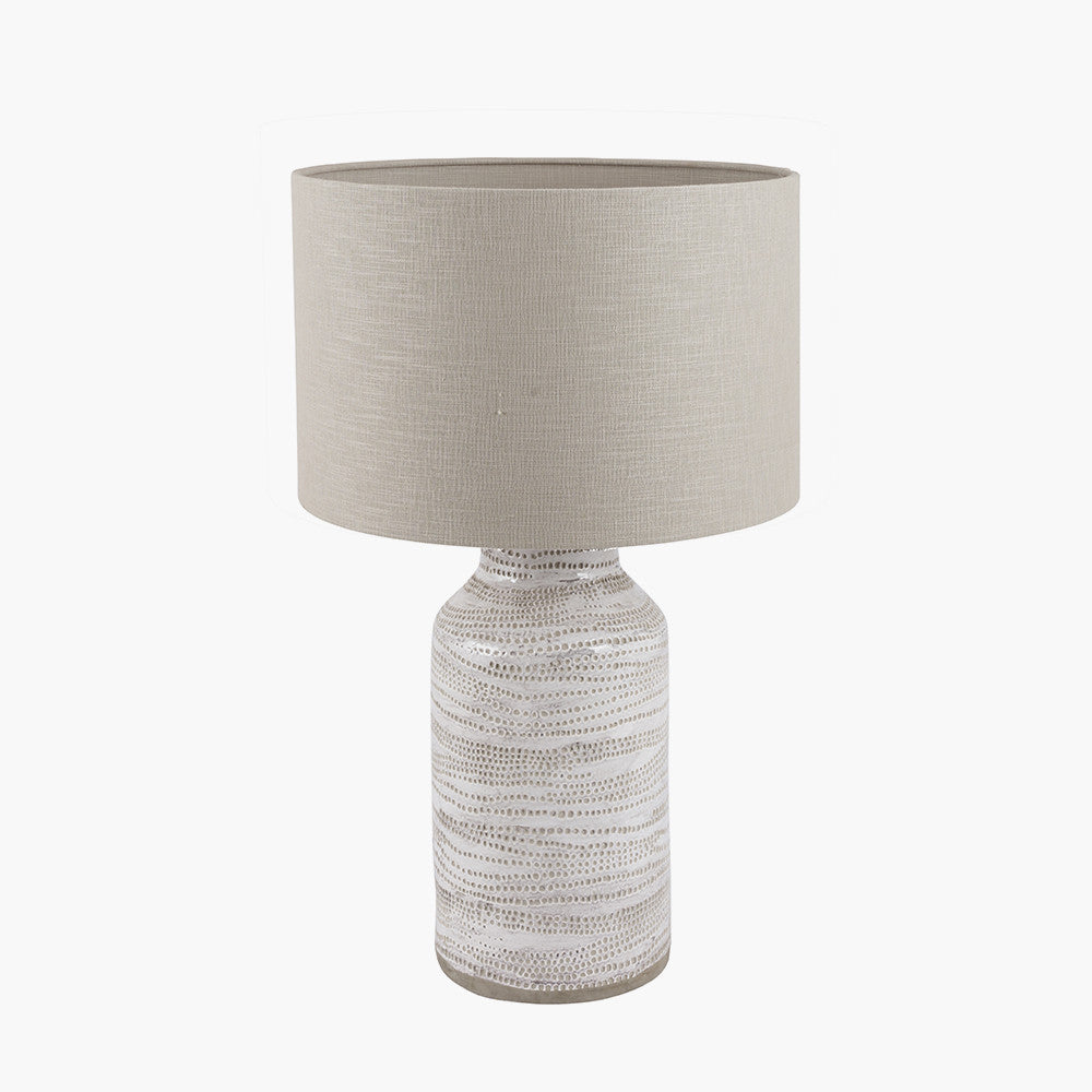 Pacific Lifestyle Alina White Dot Design Stoneware Table Lamp Base with Lino 30cm Grey Self Lined Linen Cylinder Lampshade