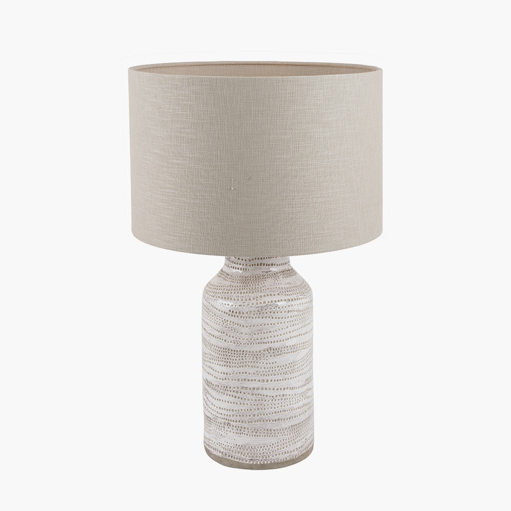 Pacific Lifestyle Alina White Dot Design Stoneware Table Lamp Base with Lino 30cm Grey Self Lined Linen Cylinder Lampshade 2