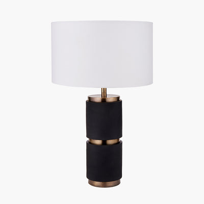 Pacific Lifestyle Alnico Black and Brass Metal Textured Table Lamp Base with Harry 35cm Ivory Cotton Mix Cylinder Lampshade