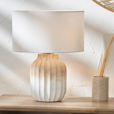 Pacific Lifestyle Amalia Natural Ombre Textured Stoneware Table Lamp Base with Harry 30cm Ivory Cotton Mix Cylinder Lampshade