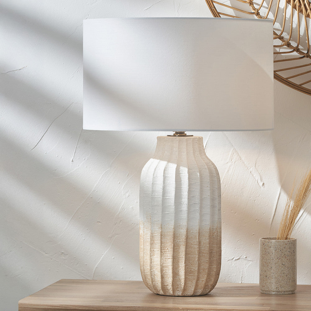 Pacific Lifestyle Amalia Natural Ombre Textured Stoneware Tall Table Lamp Base with Harry 35cm Ivory Cotton Mix Cylinder Lampshade