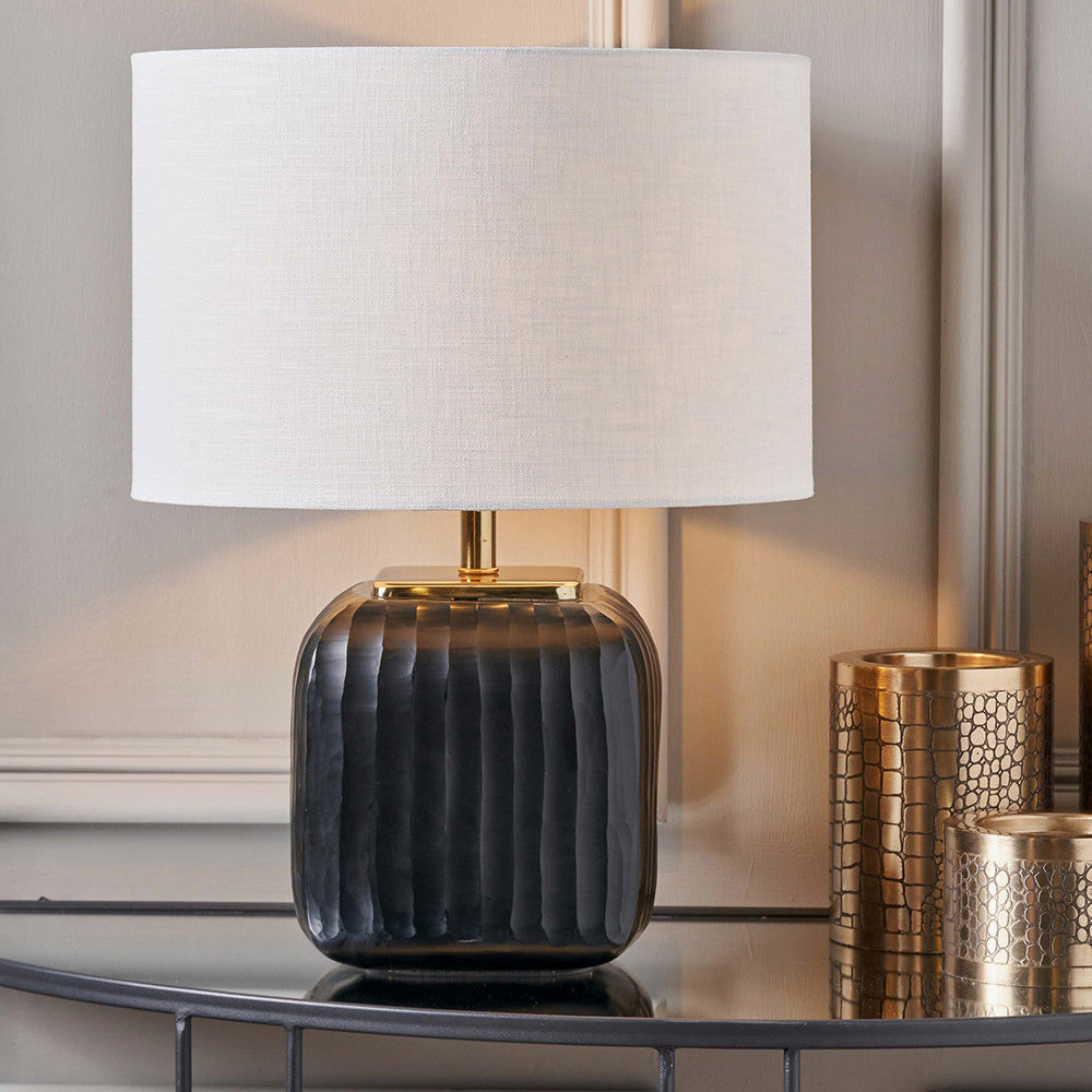 Pacific Lifestyle Anais Matt Black Cold Cut Glass Square Table Lamp Base with Lino 35cm White Self Lined Linen Cylinder Lampshade