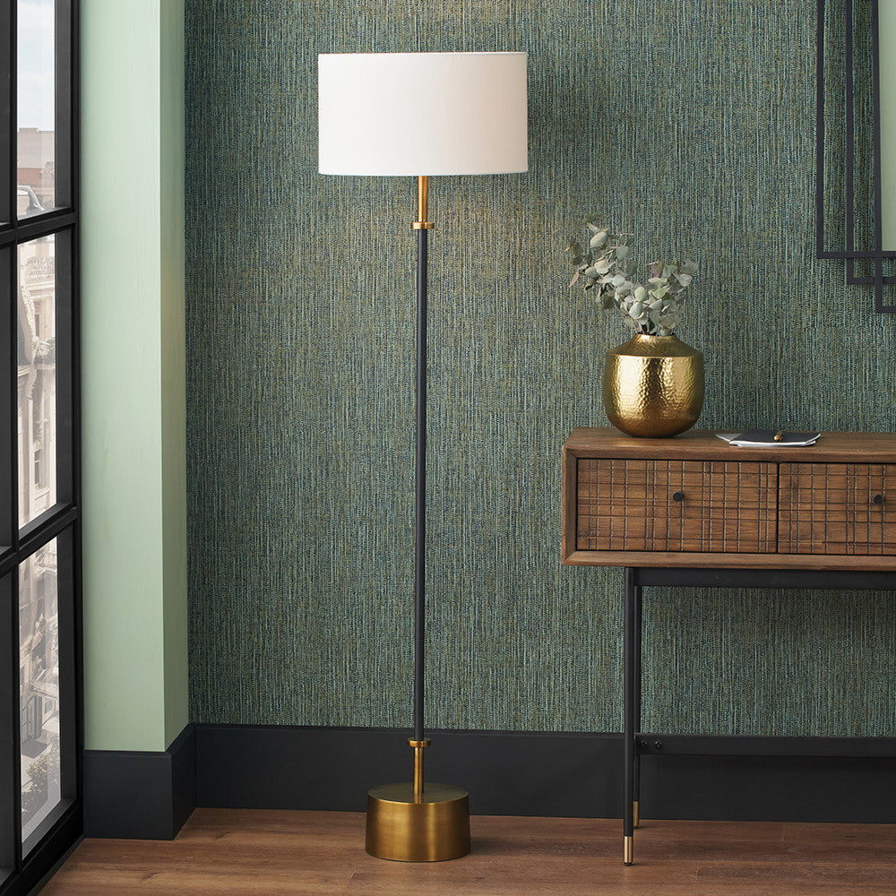 Pacific Lifestyle Antoine Black Croc and Antique Brass Metal Floor Lamp Base with Henry 40cm White Handloom Cylinder Lampshade