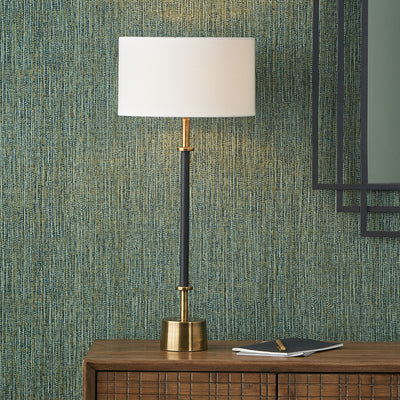 Pacific Lifestyle Antoine Black Croc and Antique Brass Metal Table Lamp Base with Henry 30cm White Handloom Cylinder Lampshade