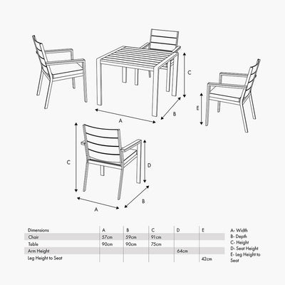 Pacific Lifestyle Aruba Outdoor 4 Seater Dining Set Dimensions