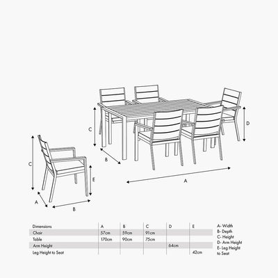 Pacific Lifestyle Aruba Outdoor 6 Seater Dining Set Dimensions